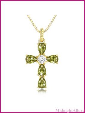 14K Gold Plated Cross Birthstone Necklace Peridot Pendant Religious Gift